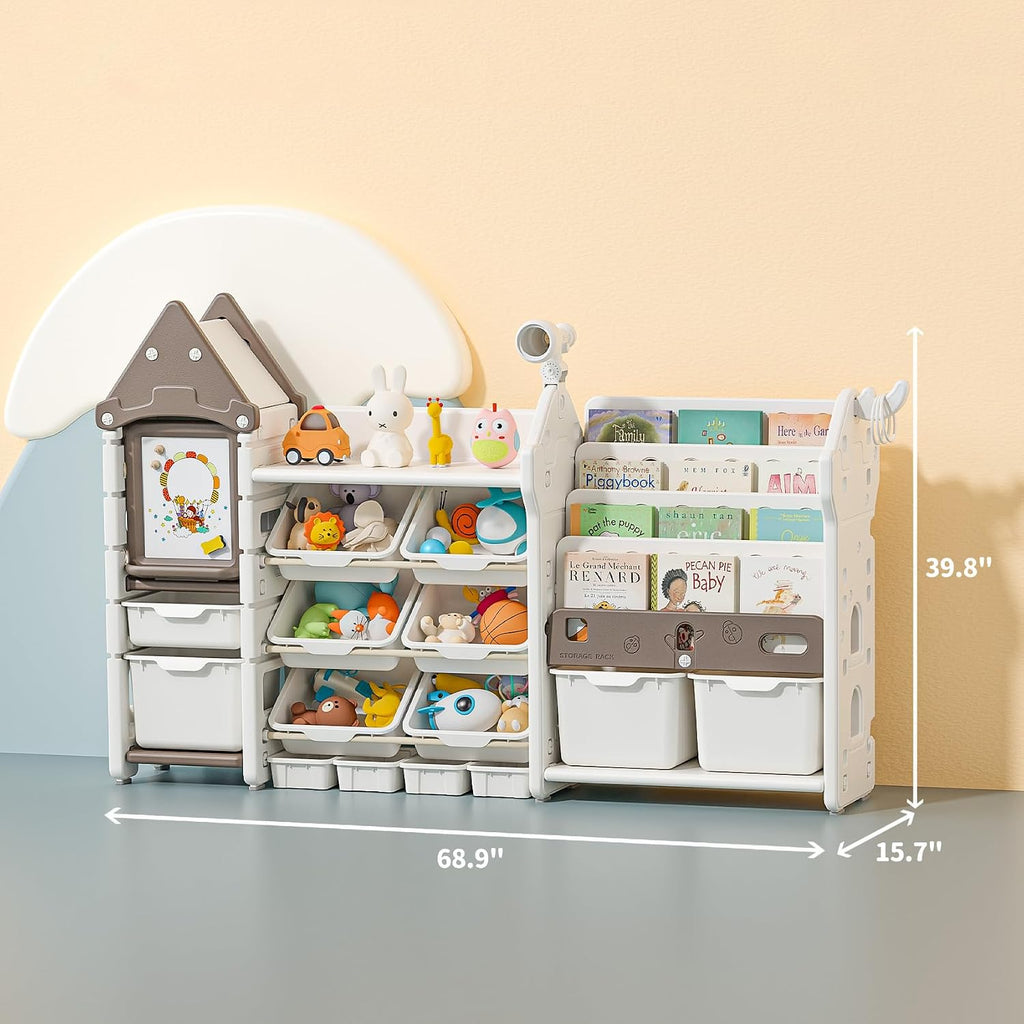 UNICOO Kids Toy Storage Organizer with Bookshelf, 14-Bin Playroom Organizer and Bookcase, HDPE Toddler Storage Shelf with Drawing Board, for Nursery, Bedroom and Playroom (Brown)