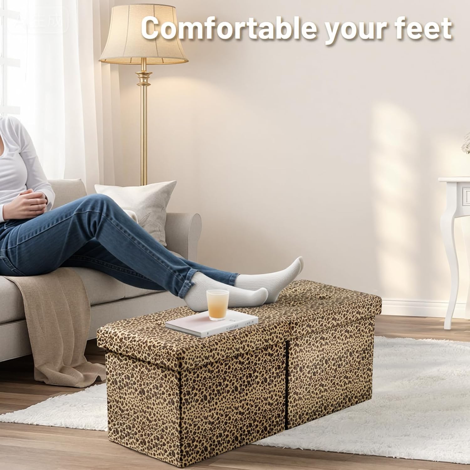 Bsketa Storage Ottoman Bench, 34" Folding Velvet Foot Rest,Leopard Print | Large Ottoman with Storage, Thicker Foam Padded Seat, Livingroom, Dorm, Bedroom, Easy to install, 86L,34 x 13 x 13in