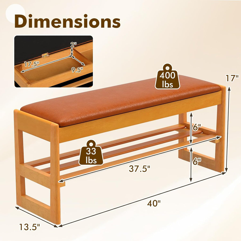 Giantex Shoe Rack Bench with Storage, Rubberwood Entryway Bench with Faux Leather Seat Cushion, Flip-Open Storage, 2-Tier Modern Shoe Rack Organizer for Entryway, Living Room, Bedroom (Brown)