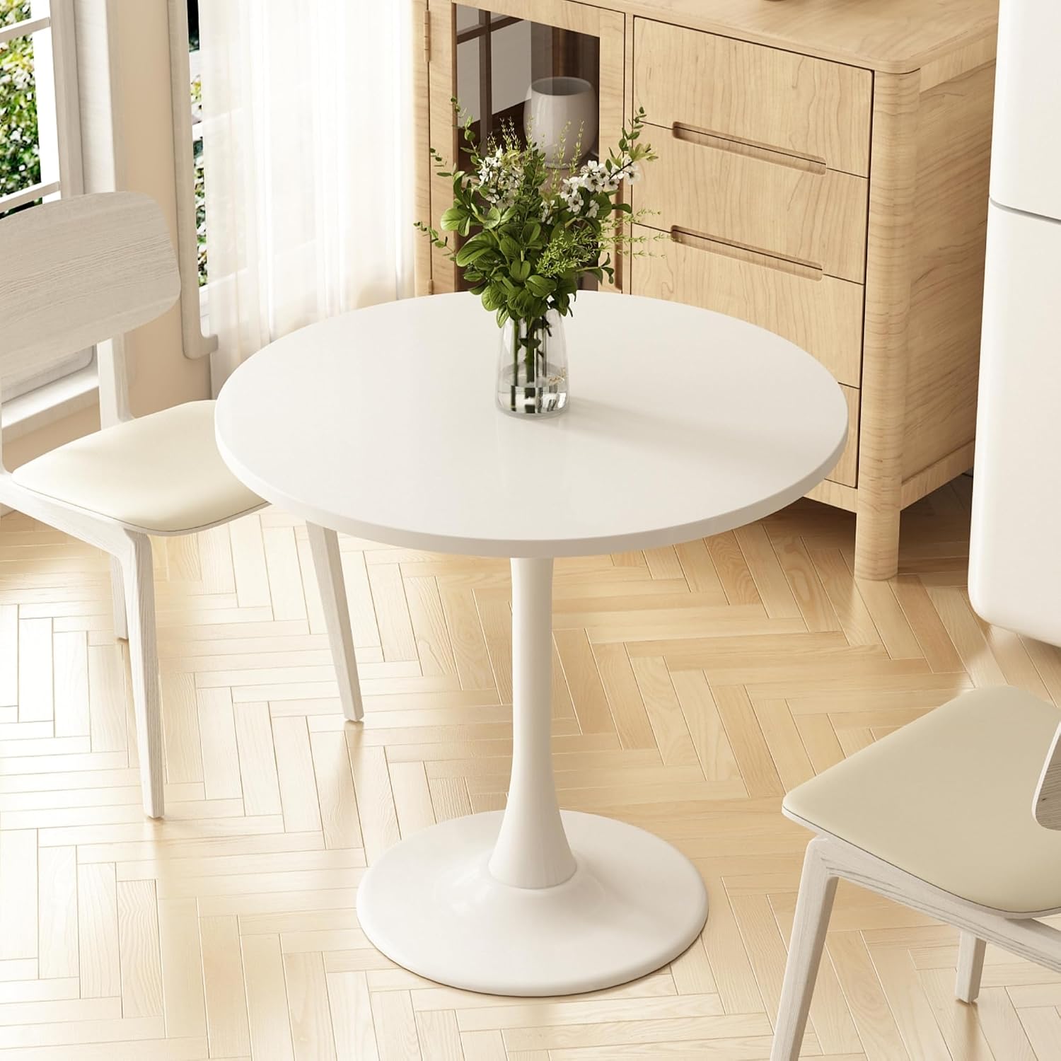 Round Dining Table 30" Circle Tulip Table for 4 People,White | Mid Century Modern Leisure Kitchen Table with Wood Thickened Tabletop Sturdy Metal Pedestal for Small Places Living Room Cafe