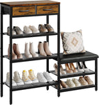 HavenlyYouth Shoe Rack Bench Cushioned with 2 Drawers & 5-Tier Entryway Organizer, Metal Frame Wood Top, Narrow Hallway Bench for Boots, Holds 16-20 Pairs, Space-Saving for Closet & Front Door