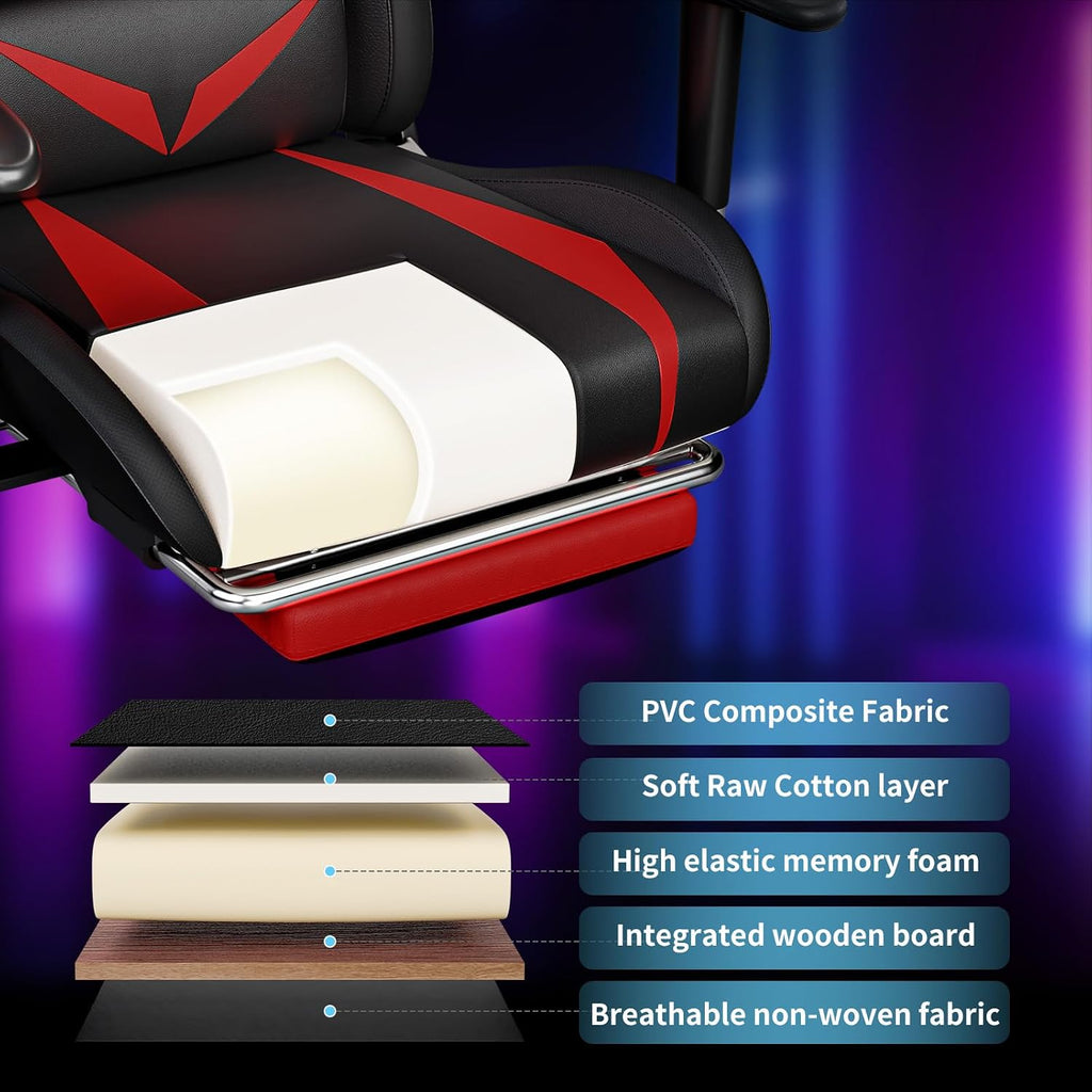 Led Gaming Chair with Speakers Massage 165° Reclining Computer Chairs-Red | RGB Lights Video Game Chairs for Adults;Racing Style;Rocking Mode;Bluetooth Gamer Chair with Footrest;Adjustable Armrests