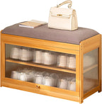 Bamboo Shoe Storage Bench with Seat Cushion for Entryway, 27" Farmhouse Small Shoe Rack with Hidden Flip-Top Storage & Dustproof Acrylic Door, 2-Tier Narrow Shoe Cabinet Organizer, Natural