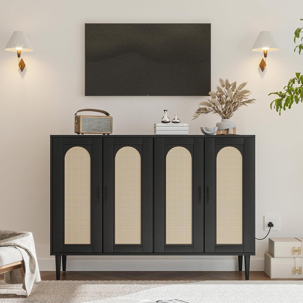 Patikuin Rattan Sideboard Buffet Cabinet, Boho Accent Storage Cabinet, 4 Doors Console Table Coffee Bar with Power Outlet, Adjustable Shelves for Kitchen, Dining Room, Hallway, Living Room (Black_2)
