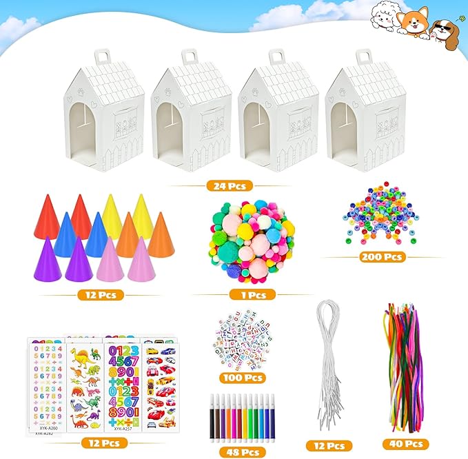 Cinrobiye 24 Sets Adopt a Puppy Party Favors DIY Dog Party Boxes Set Make Your Own Puppy Adoption Party Supplies with Dog House Treat Gift Boxes Dog Collar Necklace for Birthday Craft