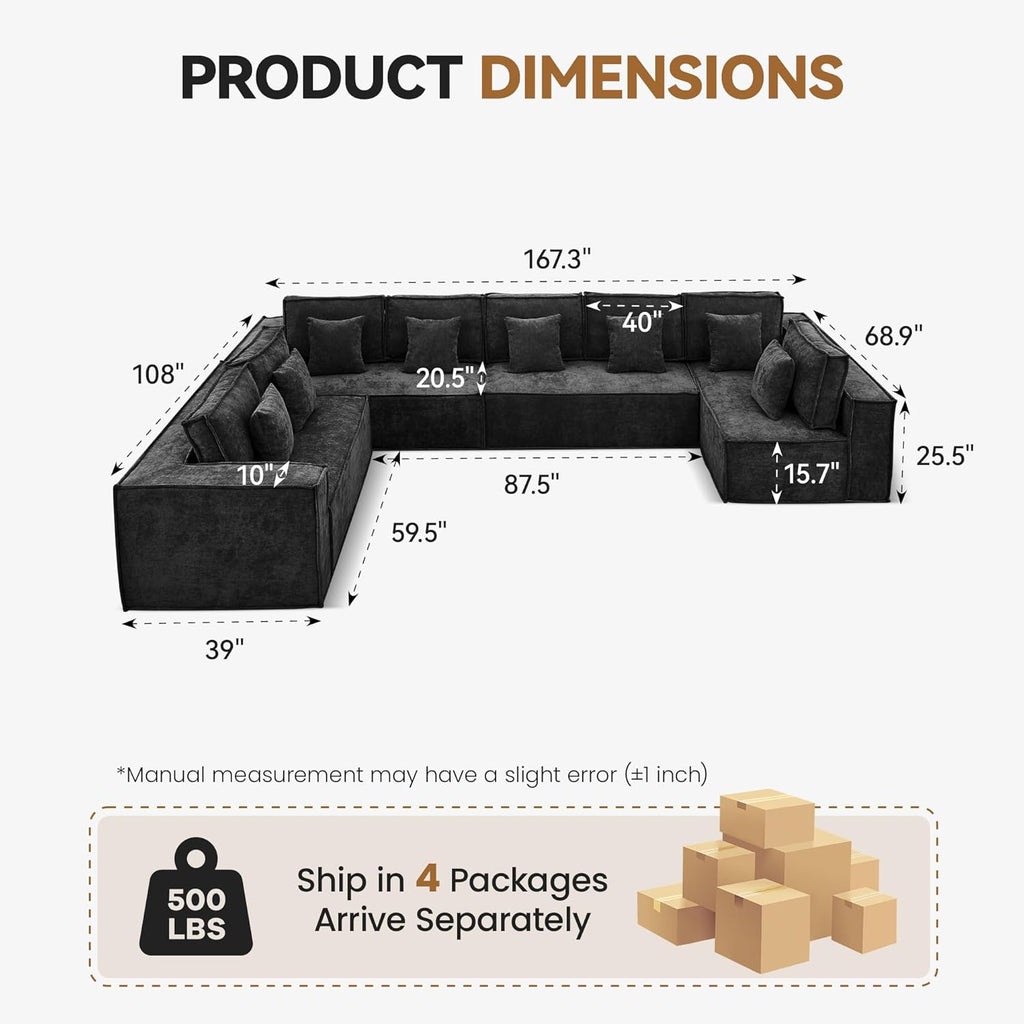 167'' Chenille U Shaped Couch, Oversized Modular Sectional 8 Seater Sofa, Modern Deep Seat Corner Cloud Compressed Couch, No Assembly Sleeper Sofa with Chaise for Living Room, Black