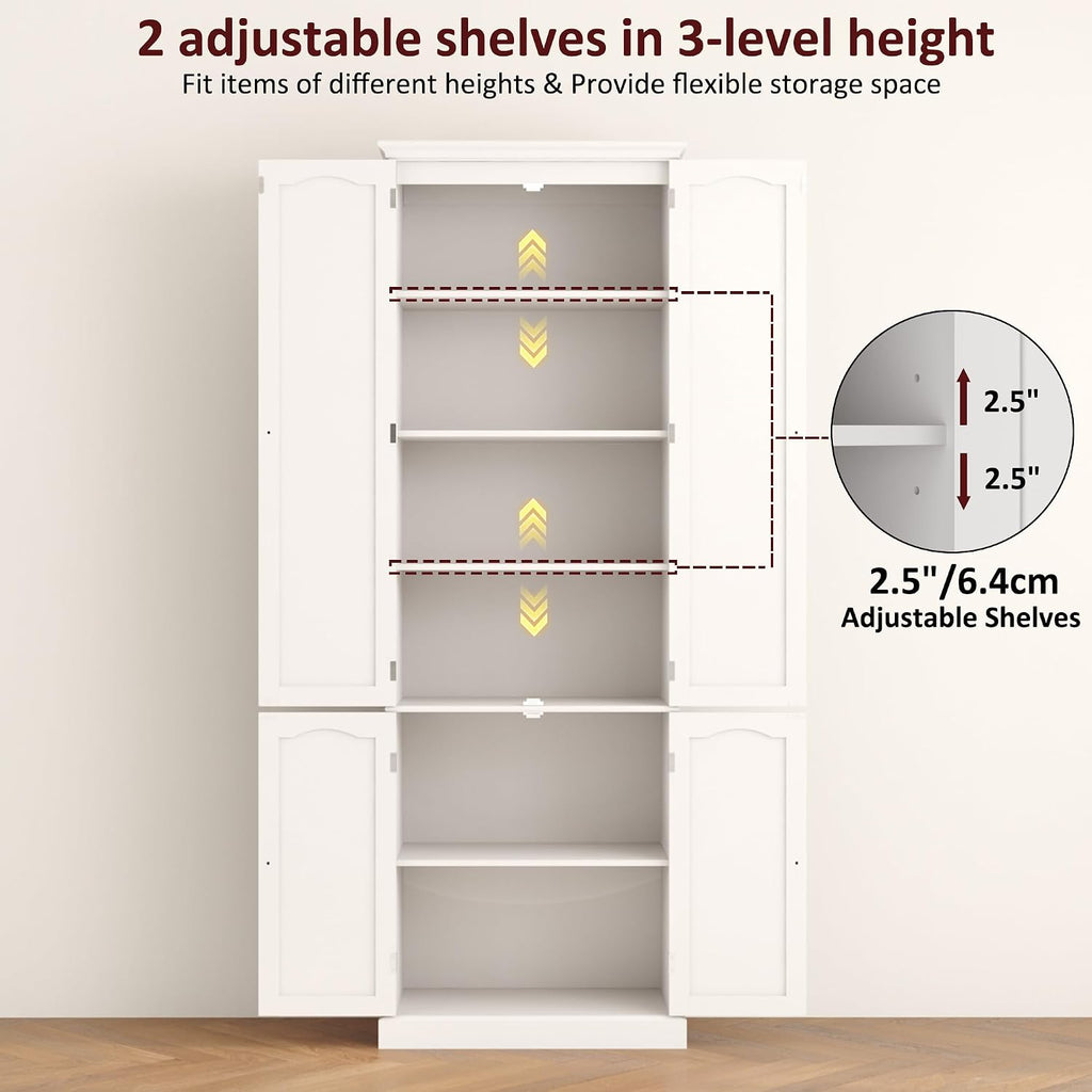 Function Home 72" Kitchen Pantry Cabinet, Tall Wood Storage Cabinet with Doors and Adjustable Shelves, 6-Tier Freestanding Cupboard for Kitchen Dining Room Living Room Bathroom, White