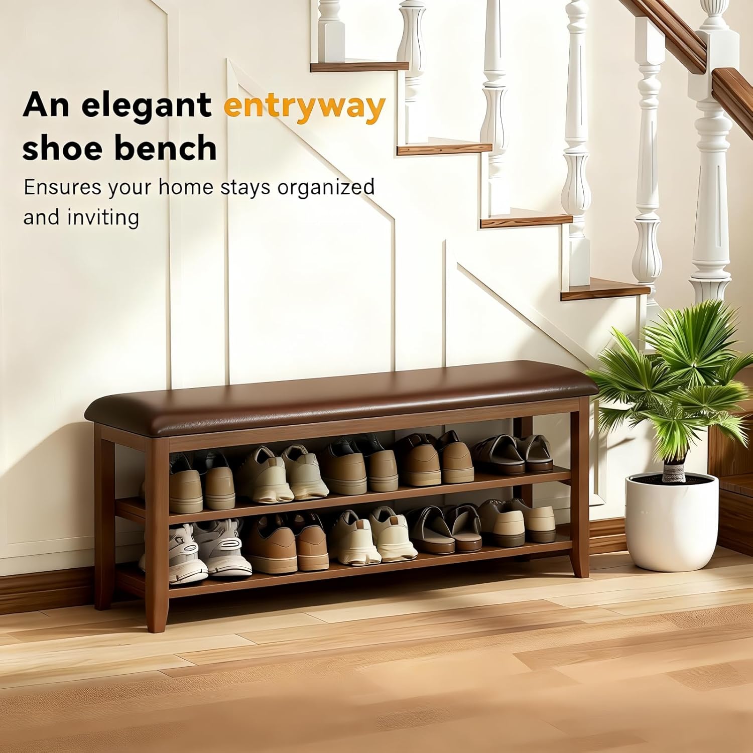 Shoe Bench Storage with Leather Cushion, Rustic Solid Wood Entryway Bench with 2 Height-Adjustable and Removable Shelves for Hallway, Living Room, Mudrooms (Dark Brown,39.4")