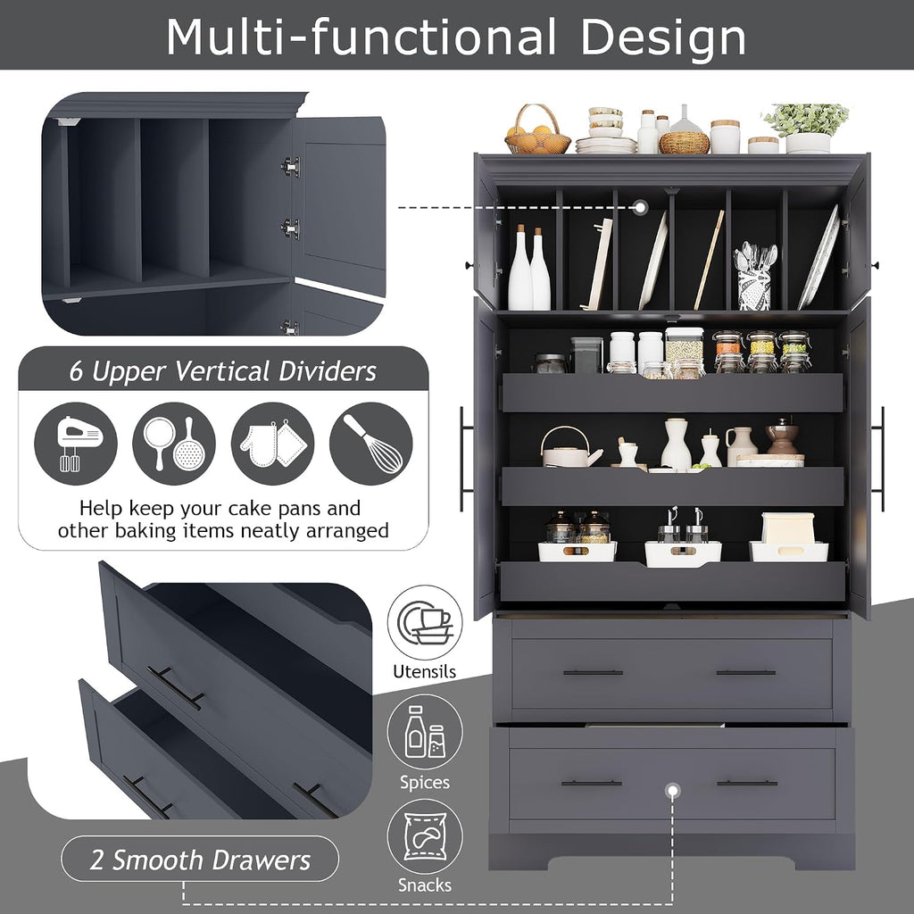 Farmhouse Freestanding Kitchen Pantry, 72.6''H Tall Wooden Kitchen Storage Cabinet with 2 Doors, Pull-out Trays, 2 Drawers and Cake Pan Storage Organizer for Dining Room Living Room (Grey-1.12)