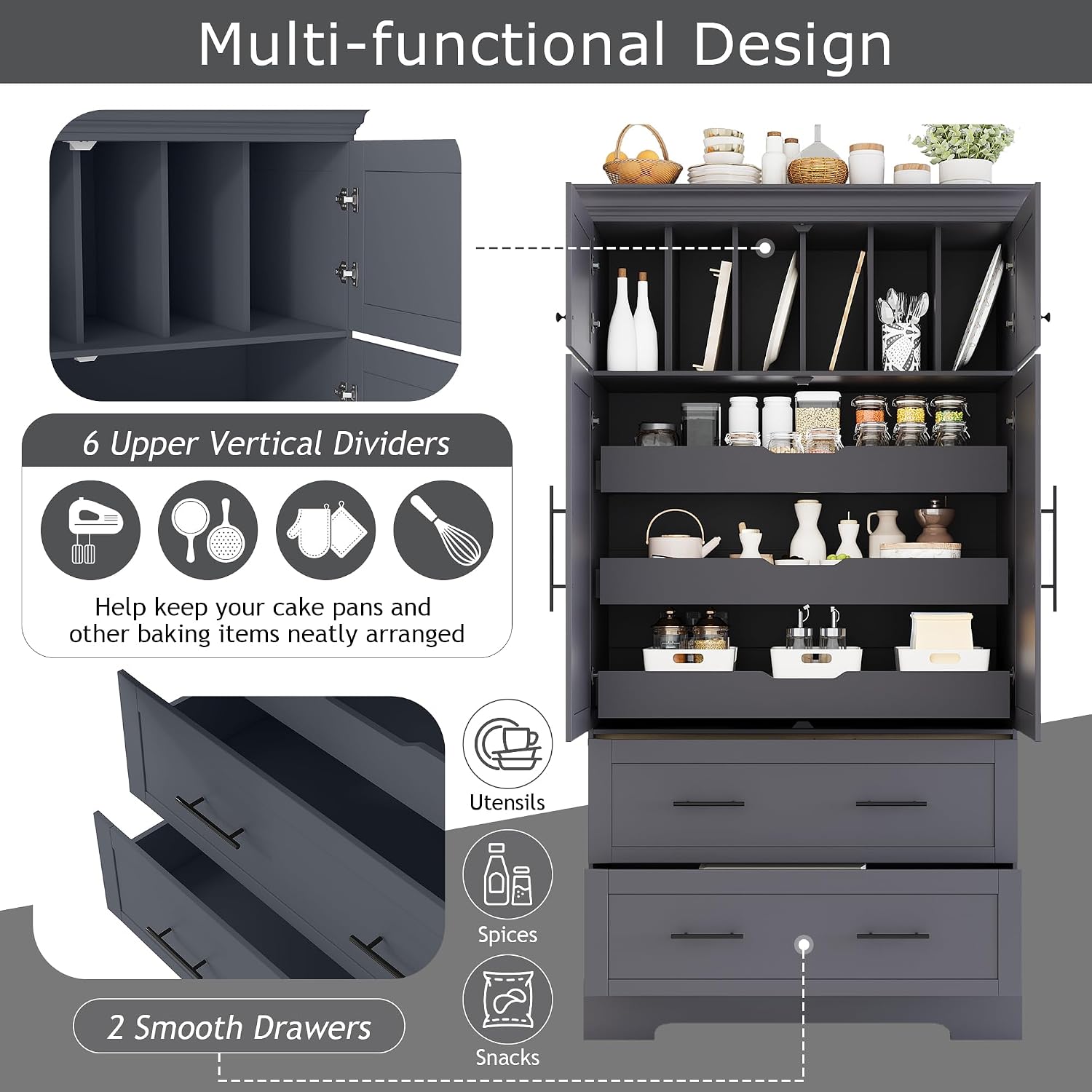 Farmhouse Freestanding Kitchen Pantry, 72.6''H Tall Wooden Kitchen Storage Cabinet with 2 Doors, Pull-out Trays, 2 Drawers and Cake Pan Storage Organizer for Dining Room Living Room (Grey-1.12)