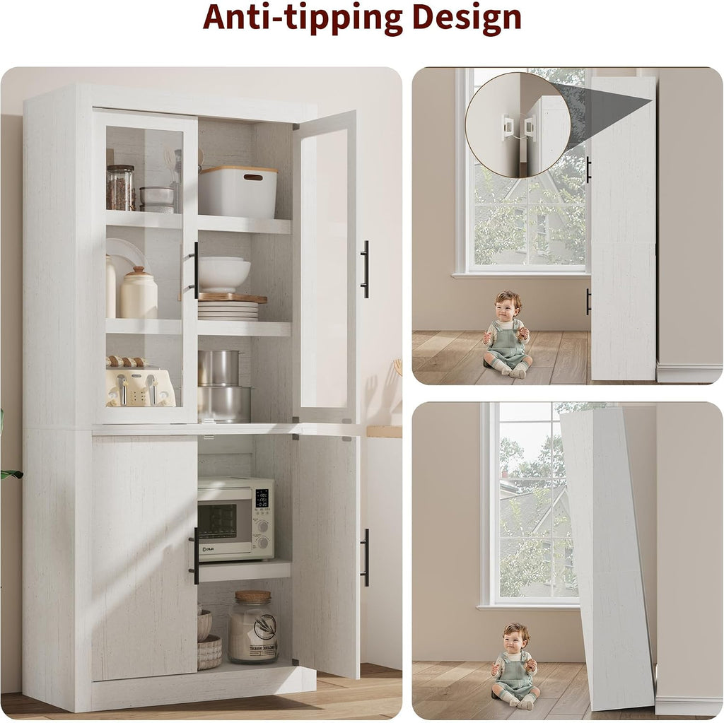 Farmhouse Kitchen Pantry Storage Cabinet, 70.5" Tall Wood Cupboard with 4 Doors and Adjustable Shelves, Rustic White Freestanding Organizer for Kitchen, Dining Room, White