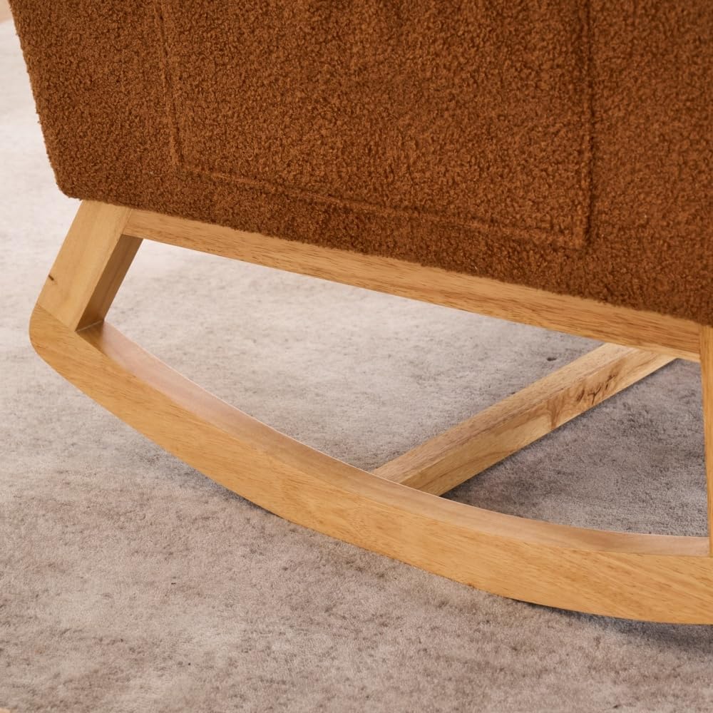 Accent Rocking Chair with Footrest High Back Rubber Wood Rocking Legs Bedroom Living Space (Caramel + Teddy + Foam)