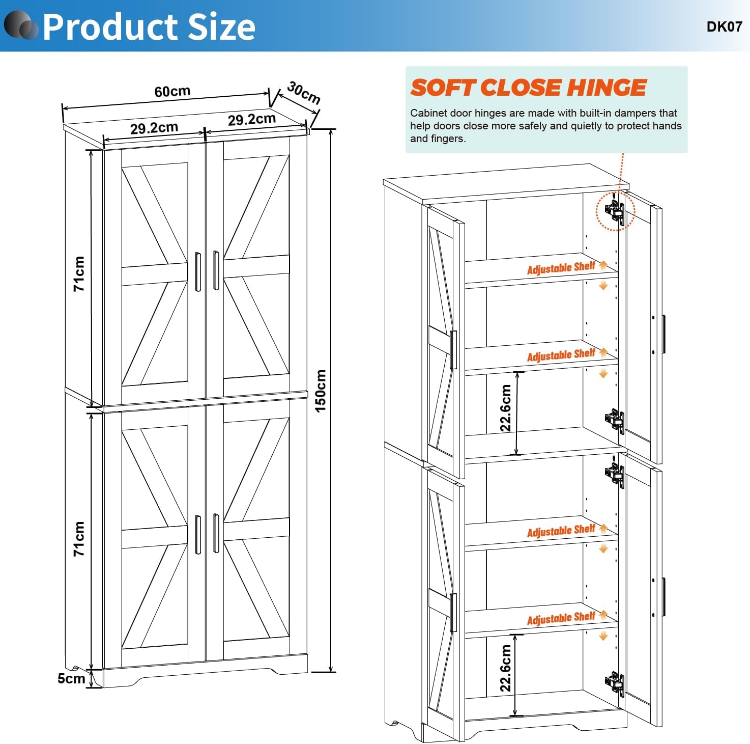 Farmhouse Storage Cabinet with 4 Door, Kitchen Pantry Storage with 4 Adjustable Shelves Wooden Cupboard for Kitchen, Dining Room, Living Room, Bathroom (Black)