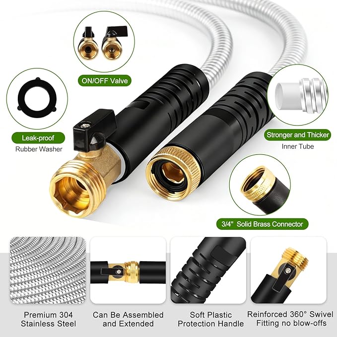 Metal Garden Hose 50 ft Stainless Steel Heavy Duty Water Hose with 10 Function Nozzles Flexible Lightweight Kink-Free Leakproof Sturdy Hoses Pipe 3/4" Brass Fitting for Outdoor Yard Lawn RV