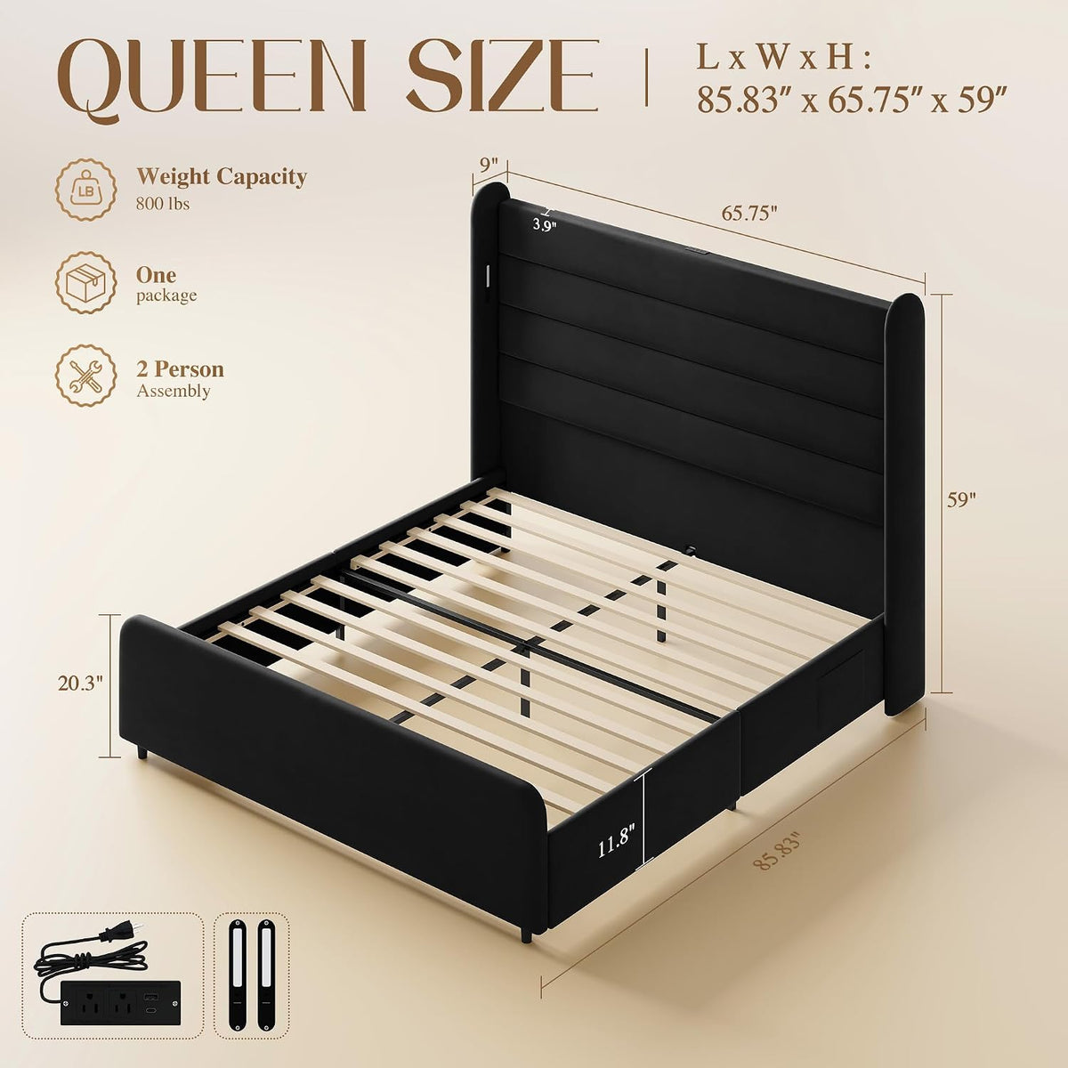Queen Size Bed Frame with 59'' Tall Headboard with Readlight, Black