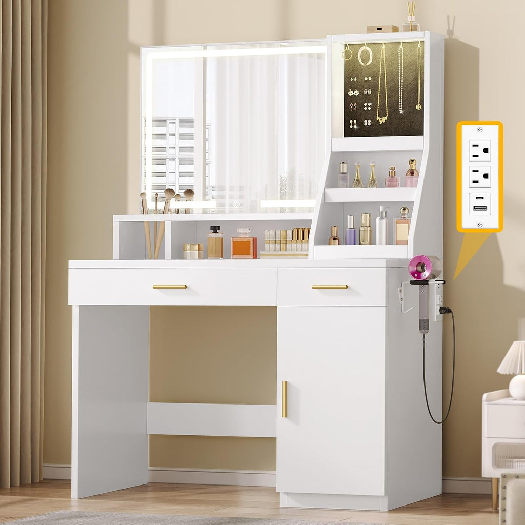 DWVO Vanity Desk with Mirror and Lights | Makeup Vanity Desk with Power Outlets & Jewelry Storage, 3 Light Modes, 2 Storage Drawers