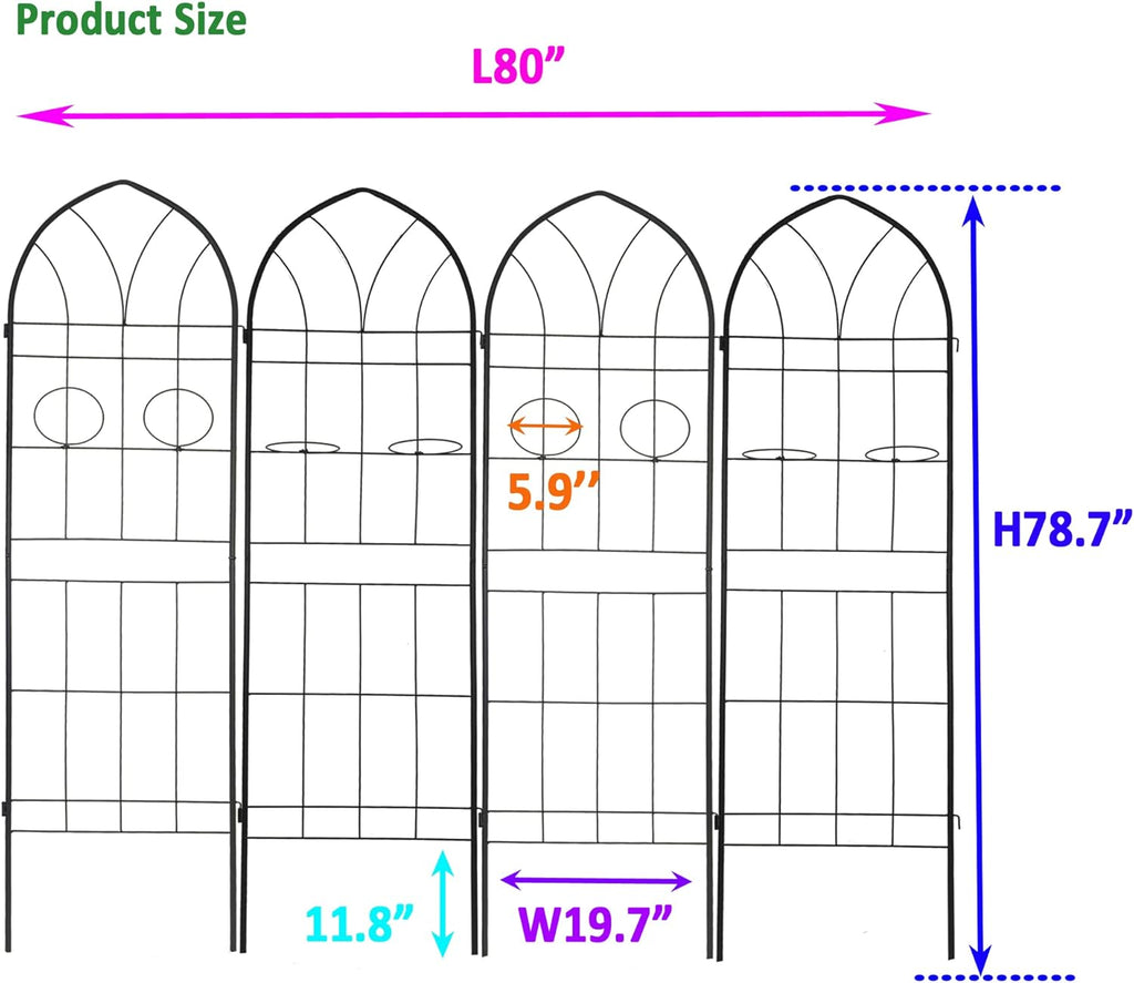 4 Pack Metal Garden Trellis 78.7" H Garden Fence Rustproof Trellis for Climbing Plants Support Roses Flower Outdoor Lawn Black