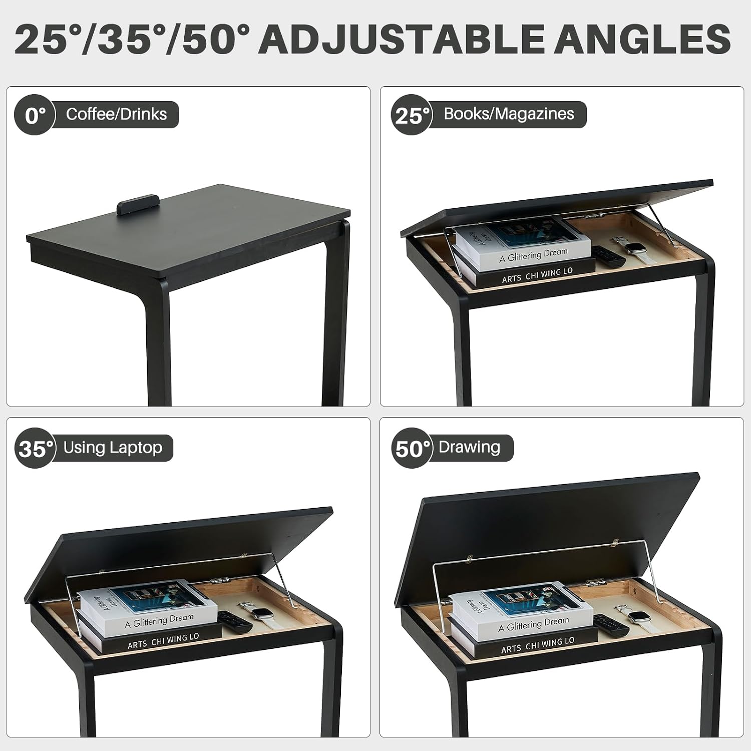 C-Shaped End Table with Wheels - Rolling Side Table for Couch, Solid Wood Modern Adjustable Angles Tv Tray Sofa Tables for Living Room, Bedroom, Home Office, Black, 15.4"D x 23.6"W x 24.8"H