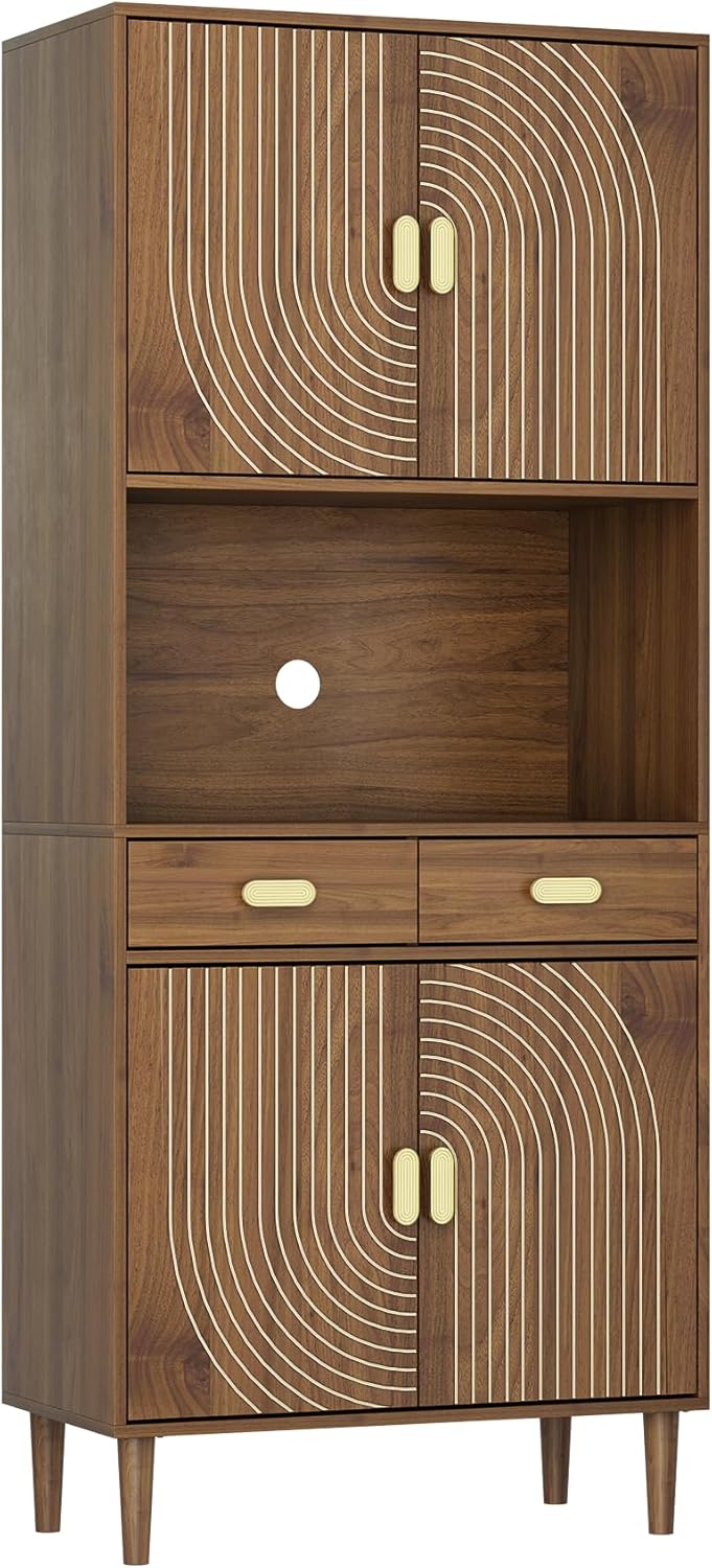 Smuxee 70.87" Walnut Kitchen Pantry Cabinet, Tall Food Pantry Cabinet with Line Groove Design, Kitchen Hutch with Microwave Stand for Dining Room, Living Room, Bar