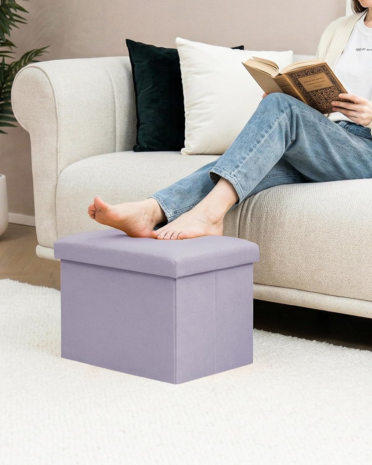 PINPLUS Flat Top Folding Linen Storage Ottoman 16.5", 36L Collapsible Storage Cube with Lid, 250 lbs Load Capacity, Fabric Foot Rest Seat for Living Room, Bedroom, Closet,Light Purple