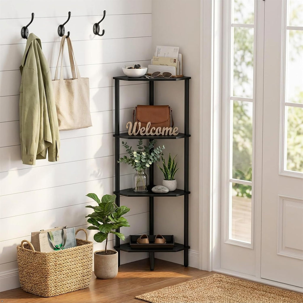 Corner Shelf Stand, 4 Tier Corner Bookshelf, Bamboo Storage Standing Shelf Unit, Tall Storage Plant Stand,Bookcase for Living Room, Home Office, Bedroom, Kitchen, Black