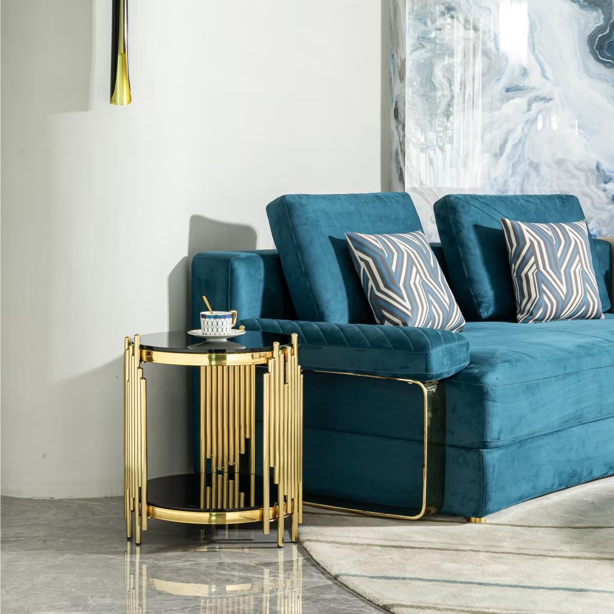 17.72" Round Glass End Table Black, Modern Gold Living Room Table with Stainless Steel Irregular Leg, Small Sofa Side Tables Coffee Tables for Home Office, Black