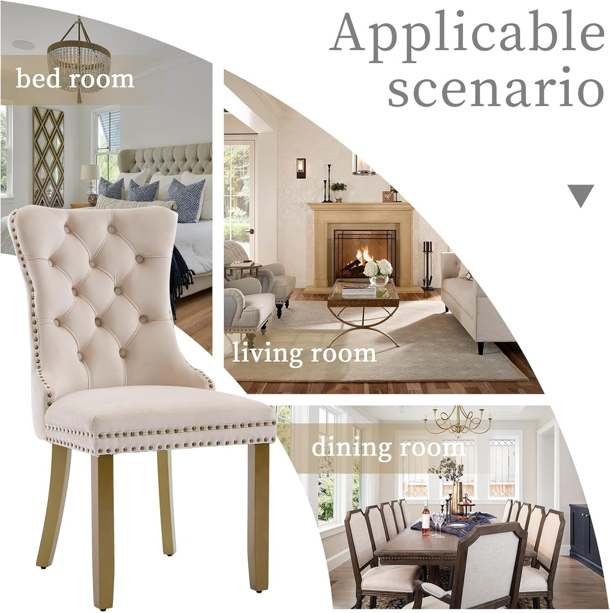 LKTART Dining Chairs Set of 6 Mid-Century Modern Chairs with Lion Head Pull Ring, Velvet Upholstered Dining Chair with Golden Wooden Legs Nailhead Trim for Kitchen Bedroom Dining Room (Beige)