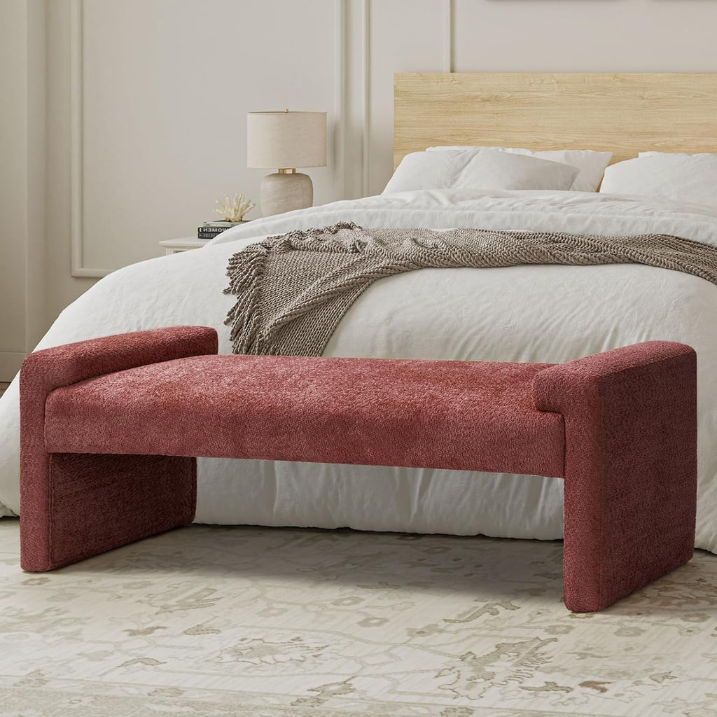 58.5" End of Bed Bedroom Bench, Elegant Fabric Upholstered Footstool for Dining Room & Entryway, Sturdy Legs with Floor Pads Footrest Ottoman, Rosewood