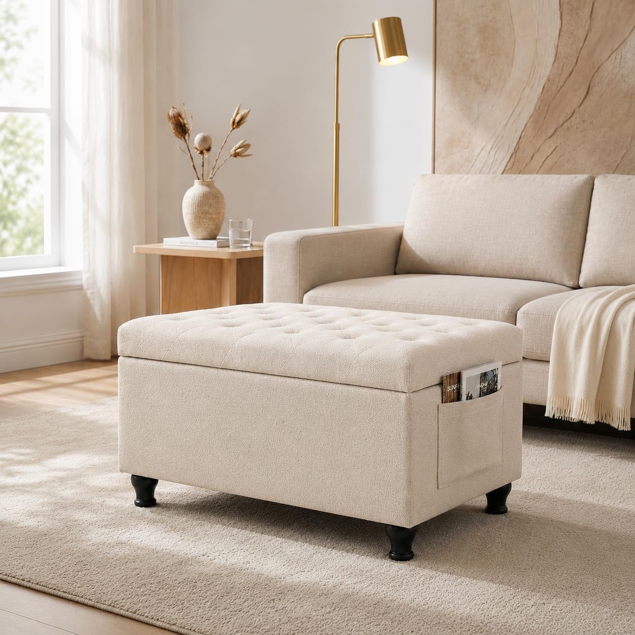 32'' Beige Fabric Upholstered Ottoman Storage Bench | Upholstered Ottoman with Storage for Living Room , Bedroom, Entrance Foot Rest Stool Shoe Bench Ottomans Footstools Couch