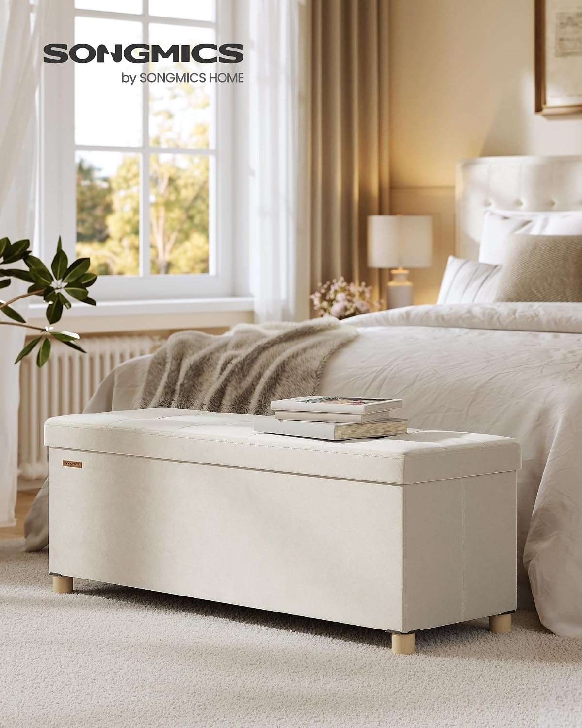 SONGMICS Storage Ottoman Bench with Legs, 43.3 Inches, 30 Gal. (112 L) | Bench with Legs, Velvet, for Living Room, Entryway, Cappuccino Beige and Ink Black, MELISA Collection ULSF0518W02