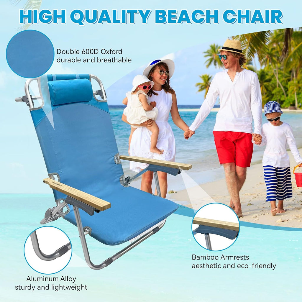 2 Pack Low Backpack Beach Chair with Folding Bamboo Table for Adults, 5-Position Lay Flat Reclining Chair Lightweight with Cooler Bag Supports 265 lbs