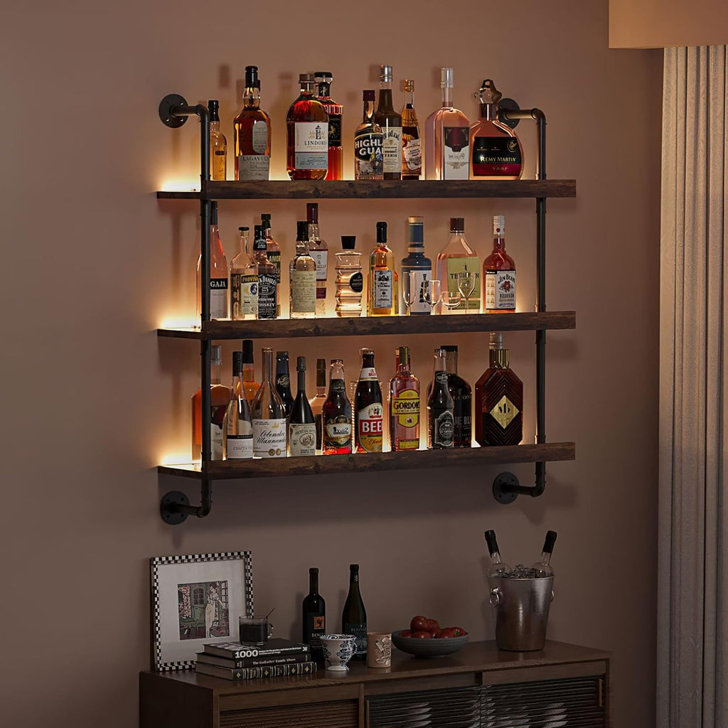 3-Tier Wall Mounted Wine Rack with LED | Liquor Bottles Floating Shelves Display Storage Organizer for Home Bar Dining Room Kitchen ,31.5"W x 47.2"H
