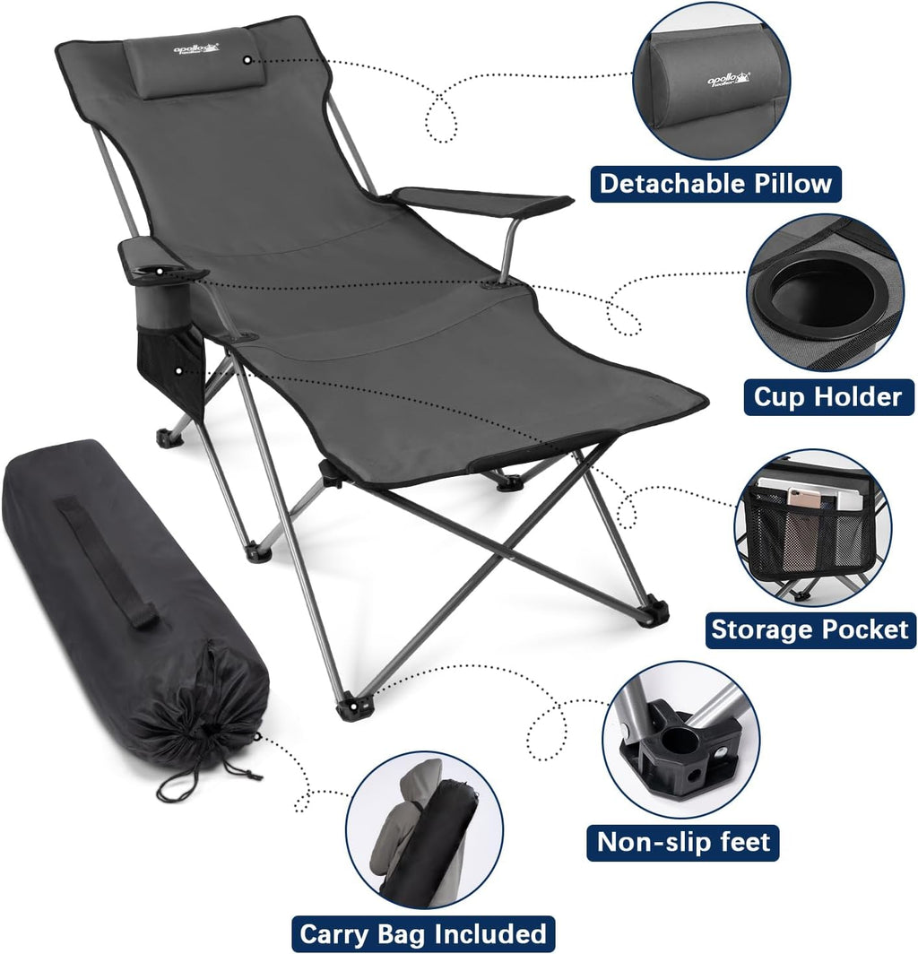 apollo walker Reclining Beach Chair, Adjustable 90-135° Backrest Camping Lounge Chairs for Adults, Folding Chair with Foot Rest & Detachable Pillow - Standard 6-Leg, Grey
