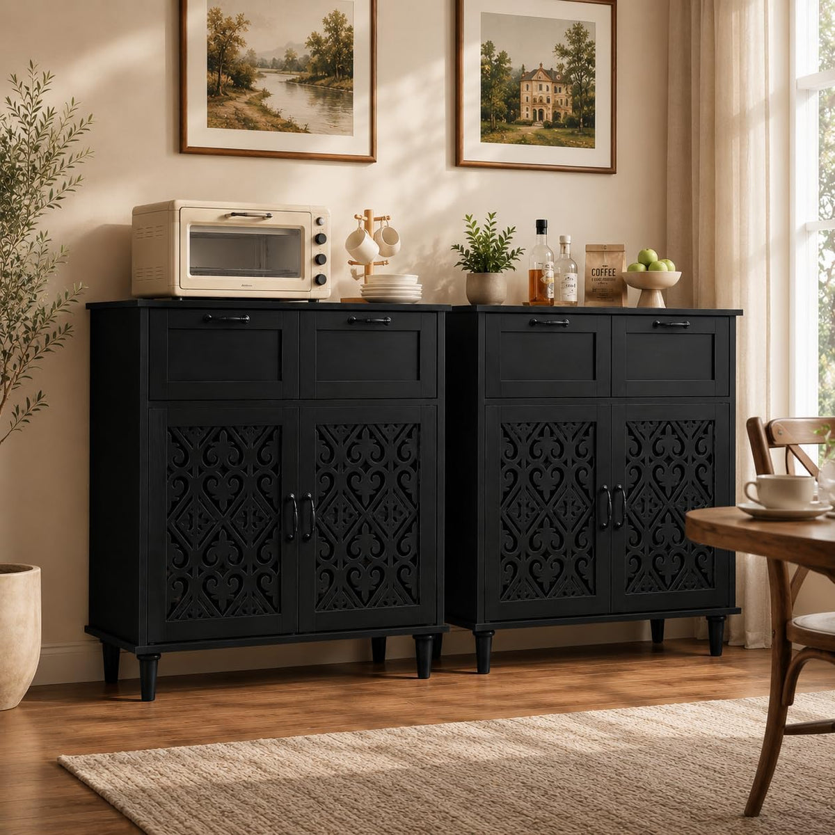 Sideboard Cabinet with 2 Doors & 2 Drawers - Adjustable Storage Console Table for Living Room, Bathroom - Modern Farmhouse Storage Cabinet with Black Handles