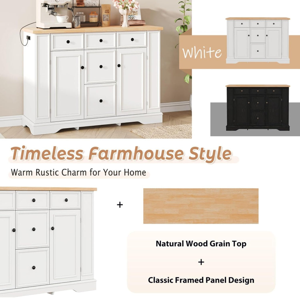 Hassyee Fixed Kitchen Island with Storage Space, Kitchen Console Table with 5 Drawers, 2 Cabinets, Adjustable Shelves, Buffet Server for Dining Room, Living Room, Entryway (White)