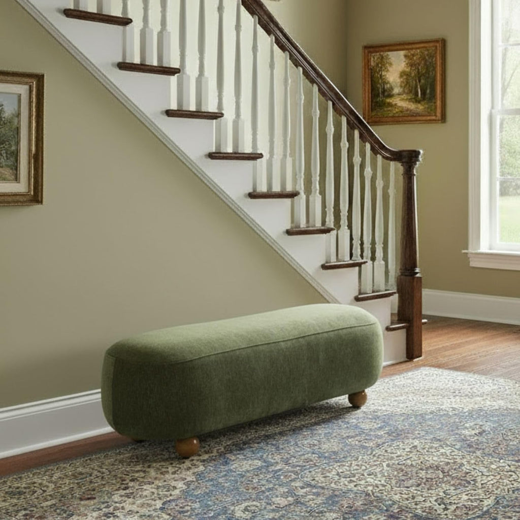Hyfirm 54" Green Chenille Upholstered Bench – End of Bed Ottoman with Round Solid Wood Legs, Long Oval Footstool for Entryway & Hallway, Padded Seat (No Back)