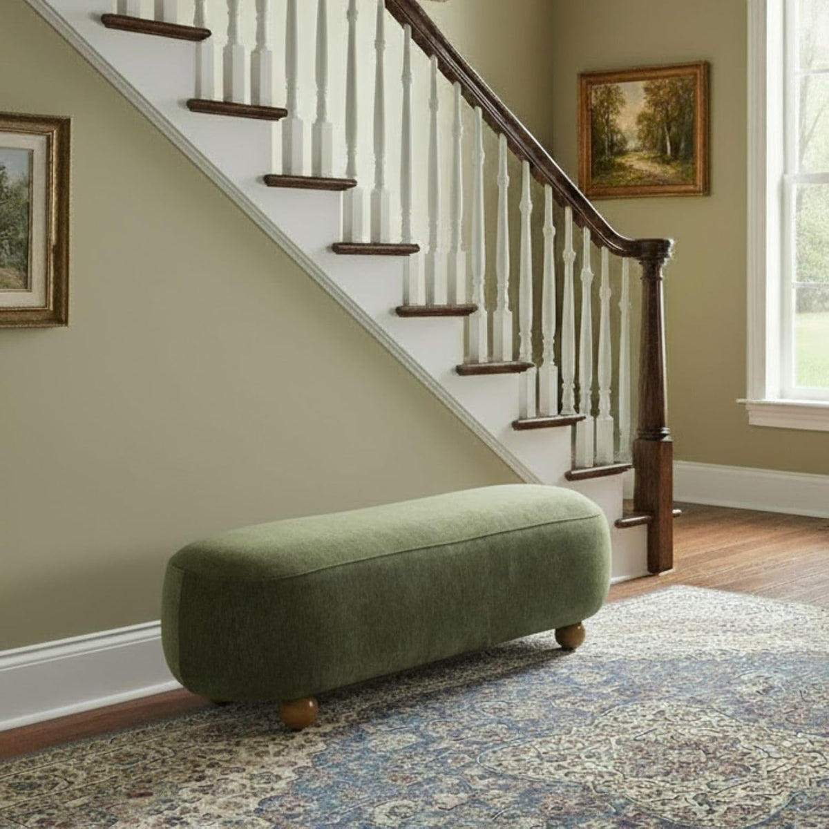 Hyfirm 54" Green Chenille Upholstered Bench – End of Bed Ottoman with Round Solid Wood Legs, Long Oval Footstool for Entryway & Hallway, Padded Seat (No Back)