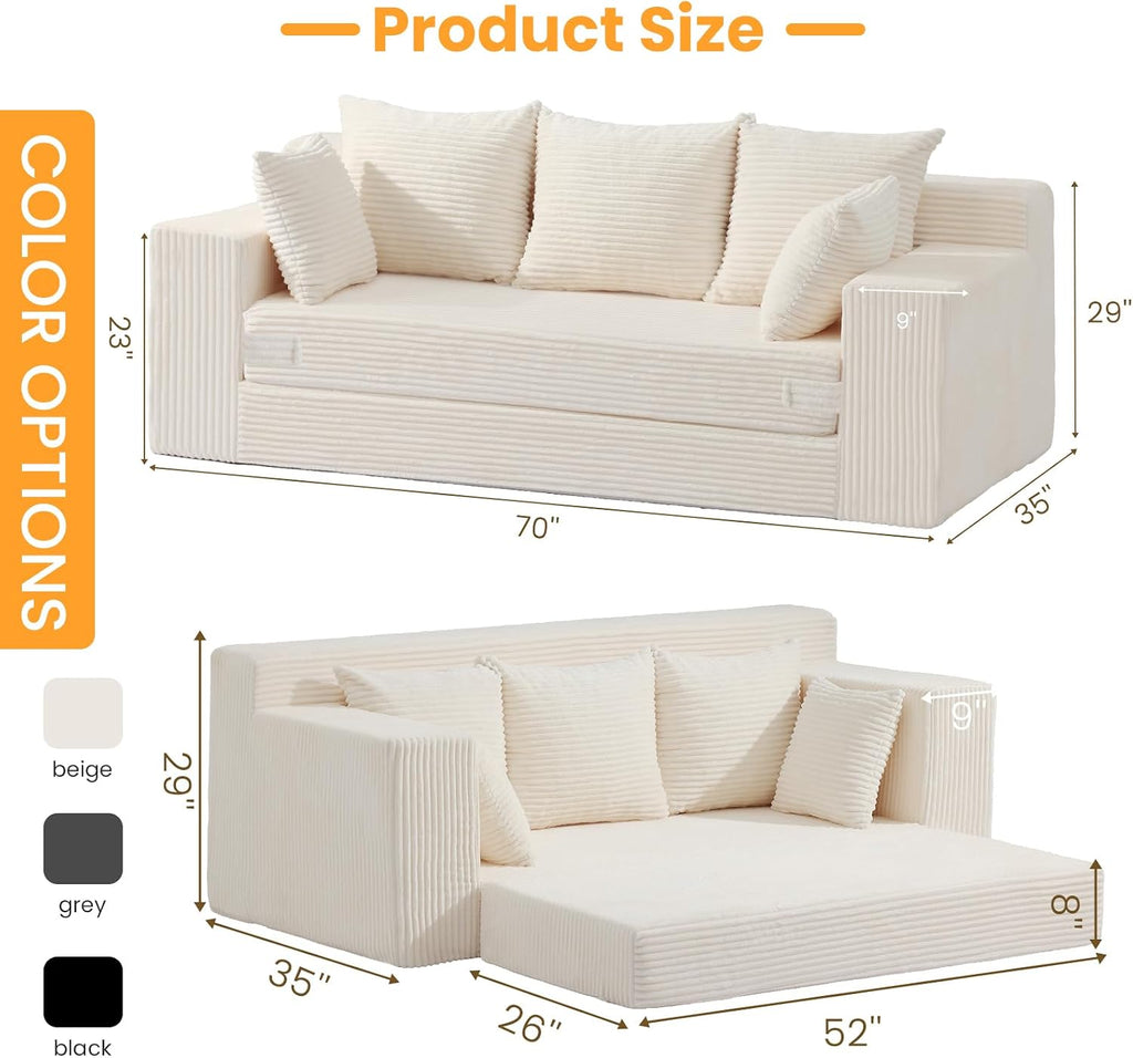 Couch 70 inch, 3 Seater Couch with Pull Out Bed, Loveseat Oversize Beige Futon Couch Floor Bed with 5 Pillows for Living Room Bedroom Lounge Small Space