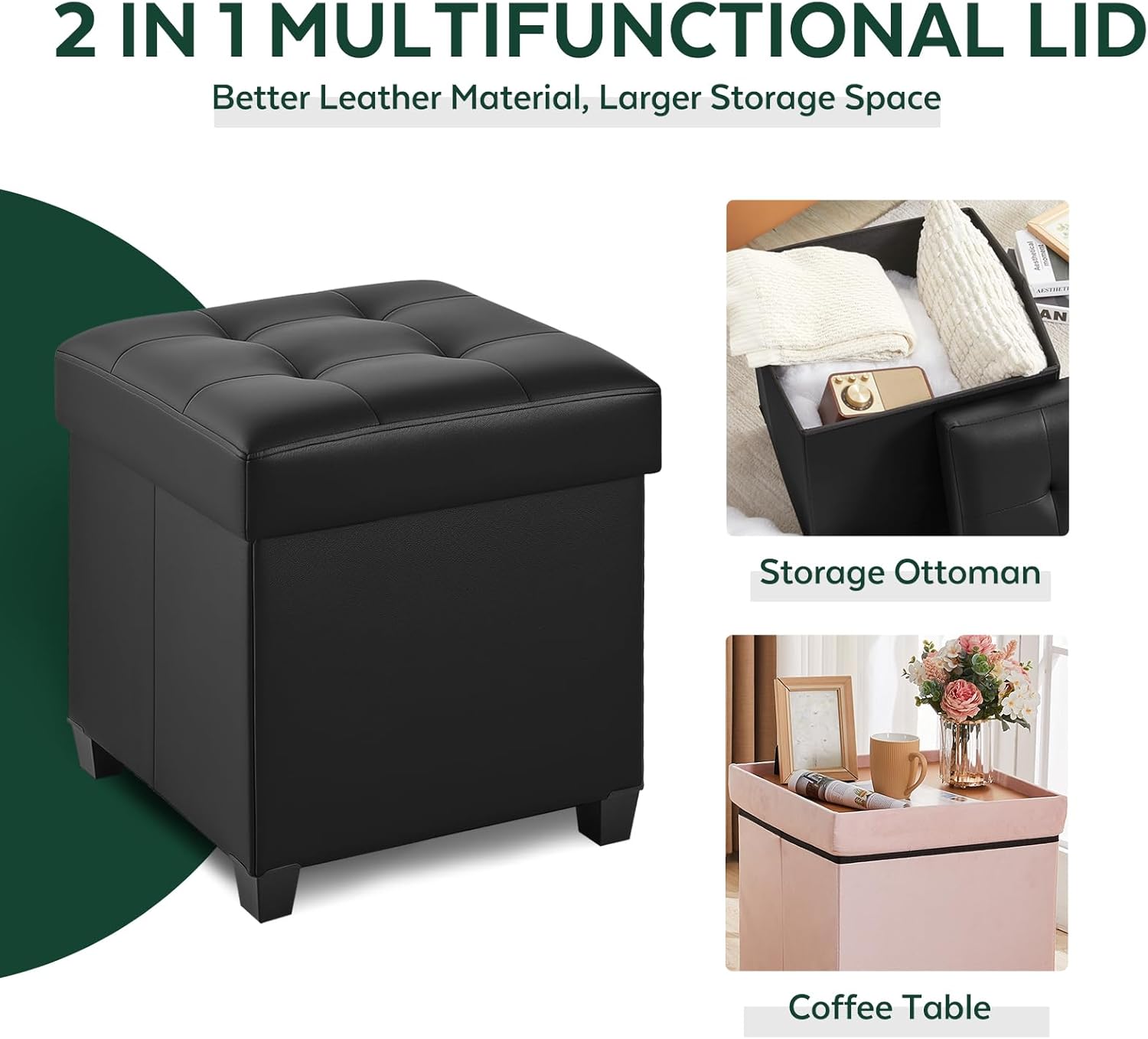 17.7" Ottoman with Storage, Square Storage Ottoman for Dorm, Faux Leather Ottomans with Legs for Living Room, Bedroom, Black