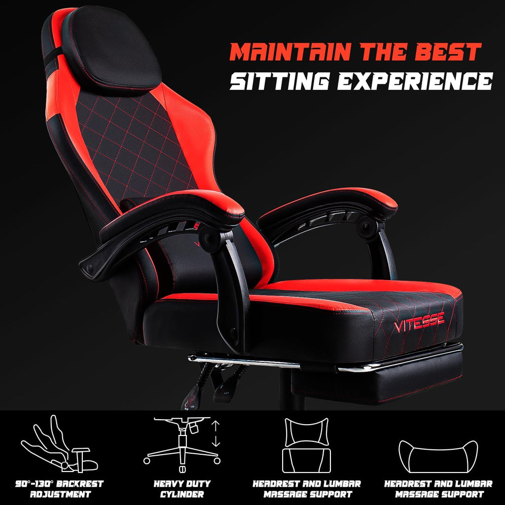 VITESSE 400 lbs Red Ergonomic Video Gaming Chair for Adults | PC Computer Chair, Racing Office Chair, Silla Gamer Height Adjustable Swivel Chair with Lumbar Vibration Support and Headrest
