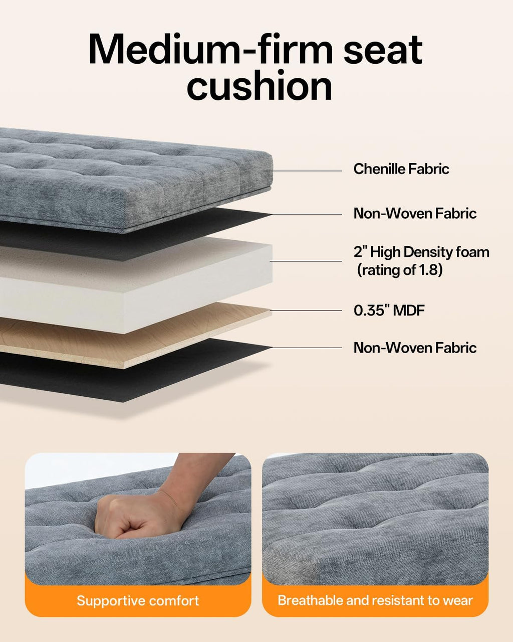 ABHENG Chenille Storage Ottoman Bench with Legs, 43.5”W x 15.7”D x 15.7”H,Metal Frame end of Bed Bench Hold up to 770 LB,Large Storage Chest,Gray UASND621G