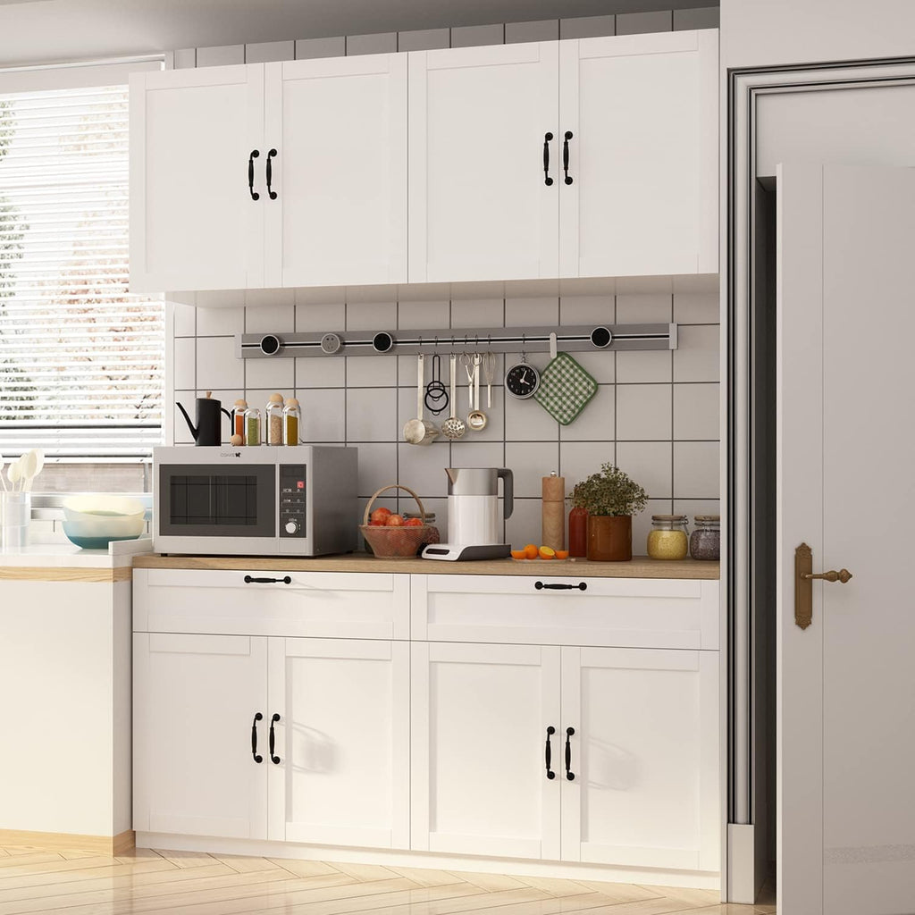 AIEGLE Large Kitchen Pantry Cabinet Set with Wall Mounted Storage Sideboard, Freestanding Wall Storage Cabinet with Shelves, 8 Doors & 2 Drawers, Utility Console Dining Cupboard, White 63" W