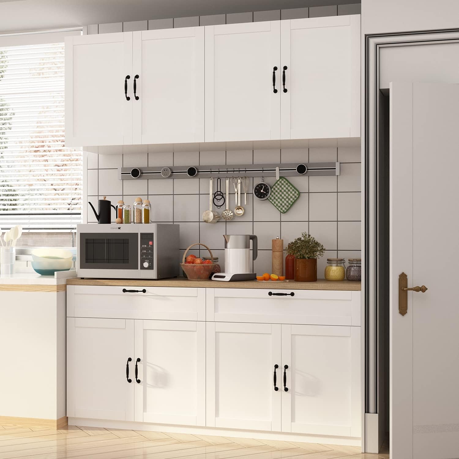 AIEGLE Large Kitchen Pantry Cabinet Set with Wall Mounted Storage Sideboard, Freestanding Wall Storage Cabinet with Shelves, 8 Doors & 2 Drawers, Utility Console Dining Cupboard, White 63" W