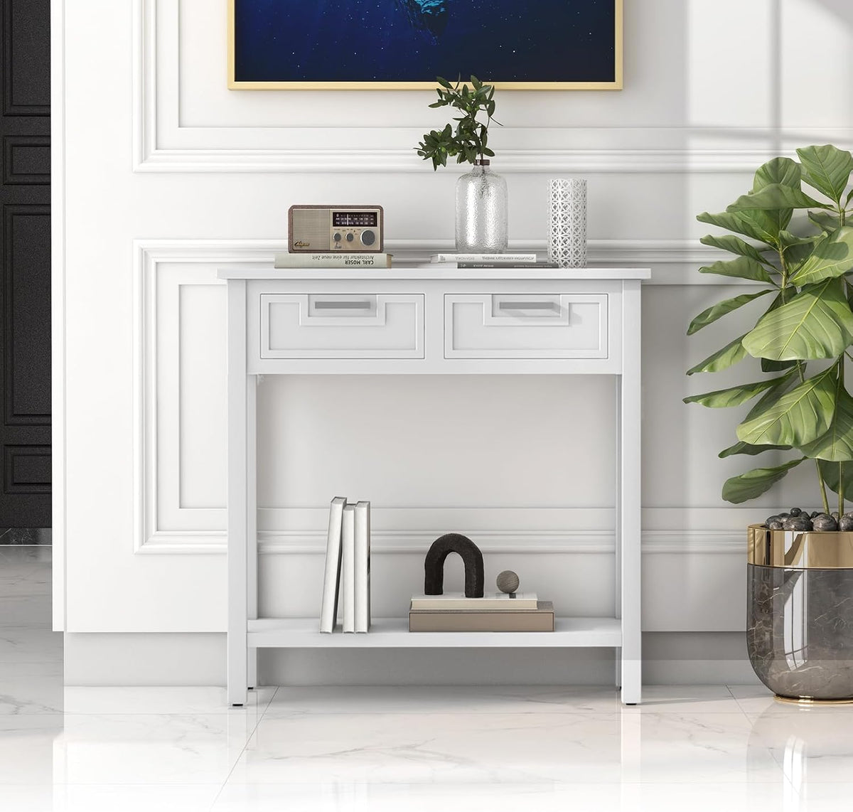 GOFLAME Small Console Table with 2 Drawers, 31” Entry Table with Storage Shelf, Modern, Narrow Sofa Table for Living Room, Hallway, Entrance (White)