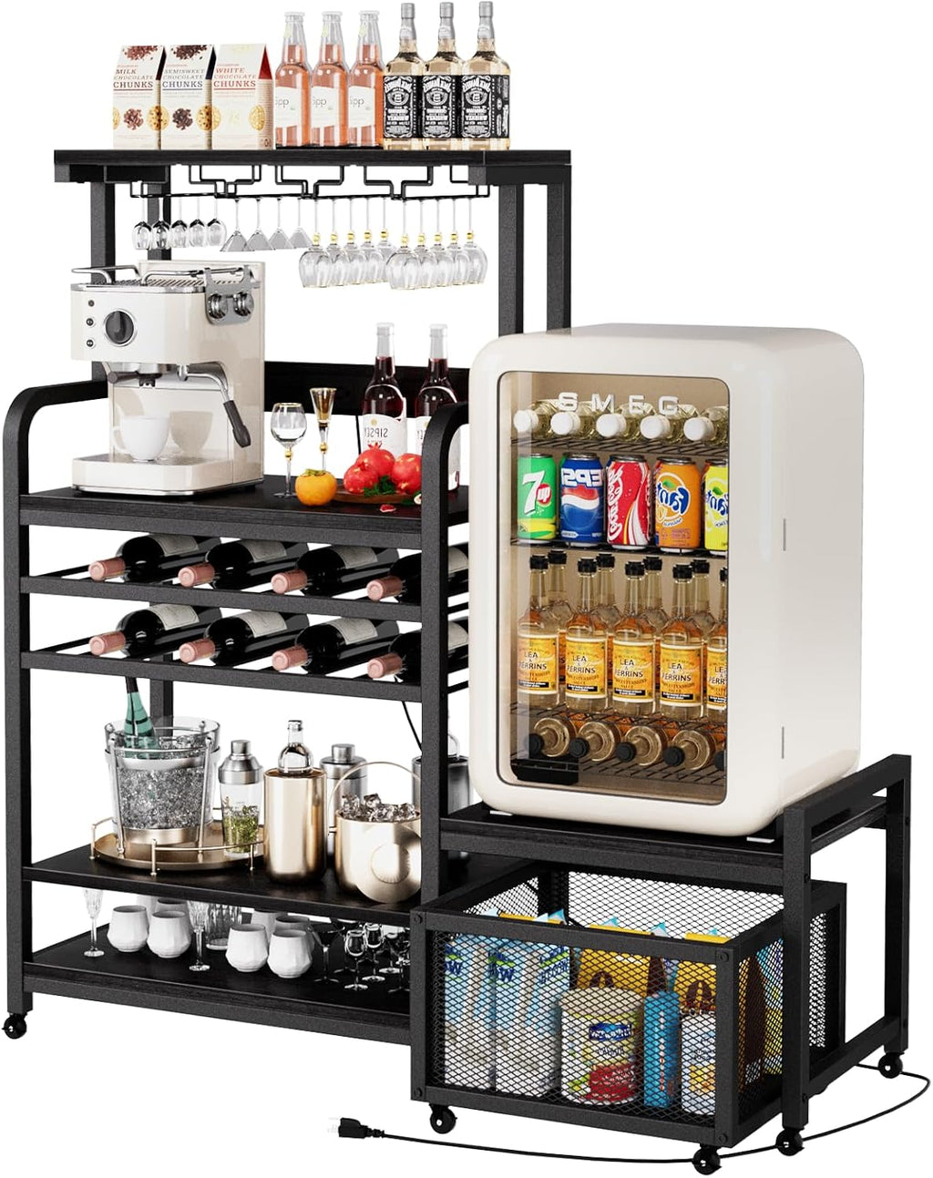 Mini Fridge Stand with Power Outlet, Microwave Stand with Wine Rack, Coffee bar with Removable Storage Baskets, Suitable for Dorm, Kitchen, Dining Area, Black