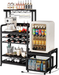 Mini Fridge Stand with Power Outlet, Microwave Stand with Wine Rack, Coffee bar with Removable Storage Baskets, Suitable for Dorm, Kitchen, Dining Area, Black
