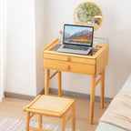 COSTWAY Bamboo Vanity Desk with Adjustable Round Mirror and 2 Drawers | Makeup Vanity Set w/ Tabletop Storage Compartment & Tempered Glass Tabletop, Small Bedroom Dressing Table for Adult Teens