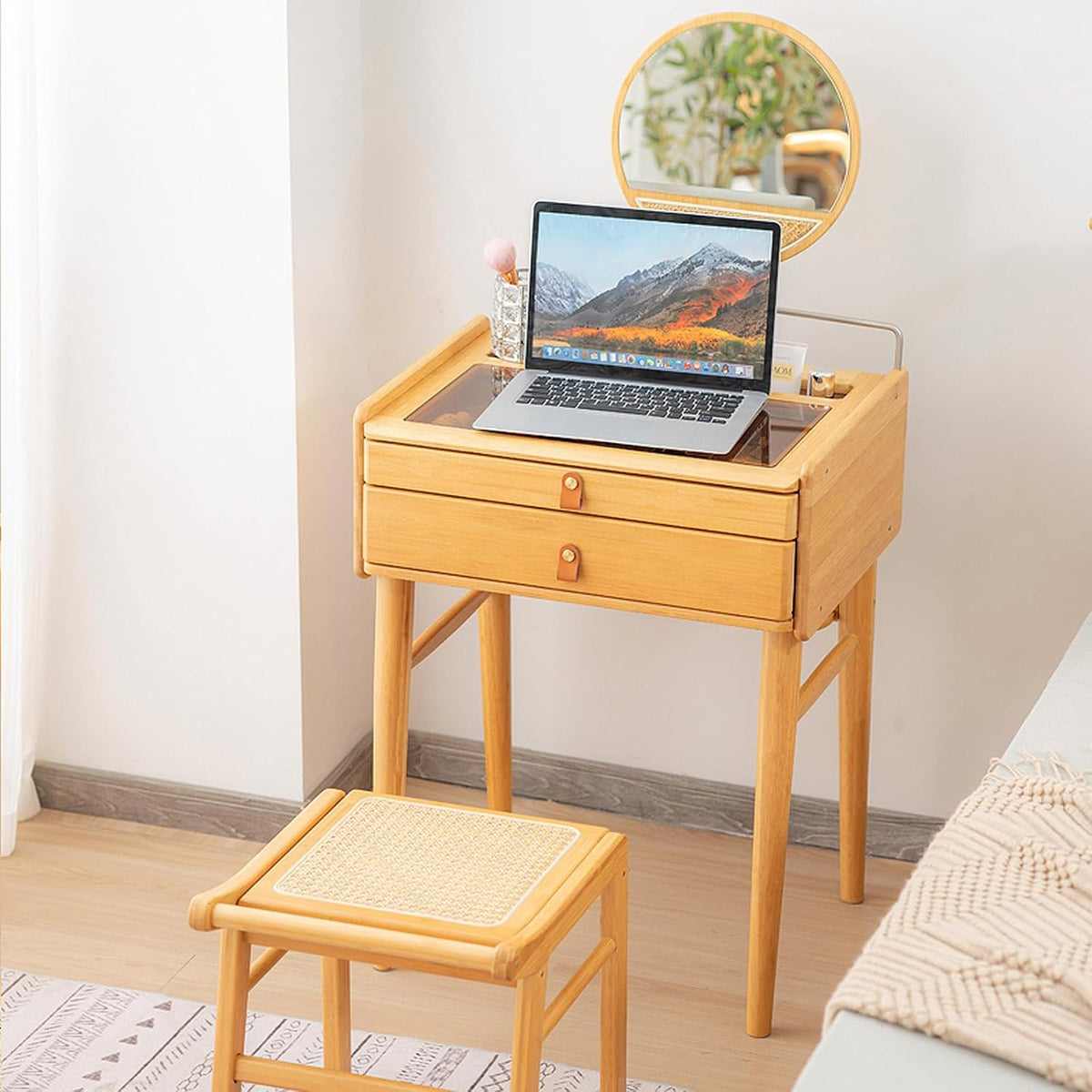 COSTWAY Bamboo Vanity Desk with Adjustable Round Mirror and 2 Drawers | Makeup Vanity Set w/ Tabletop Storage Compartment & Tempered Glass Tabletop, Small Bedroom Dressing Table for Adult Teens