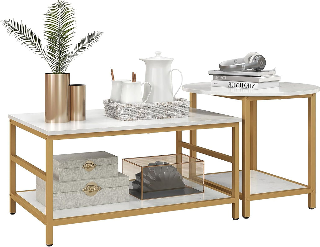 Brilluxa Coffee Table Set, 2-Piece Cocktail Table and Living Room Table Set with Rectangle and Round Tables, Faux Marble Tops, Storage Shelves for Small Spaces