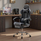 DUMOS Ergonomic Gaming Chair with Footrest, Home Office Desk Chair | PU Leather, Headrest, Linkage Armrests, Height Adjustable, 360 Swivel Reclining, Black Grey